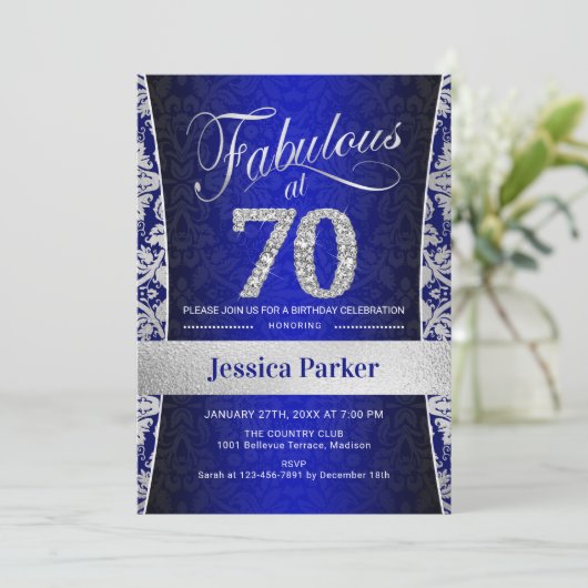 70ste verjaardagsfeestje - Silver Royal Blue Kaart (Staand voorkant)