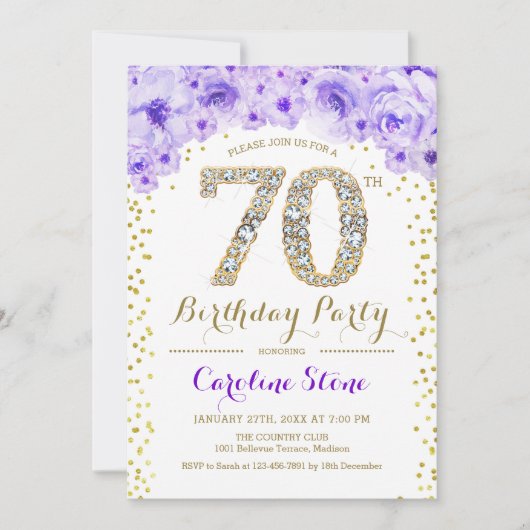 70ste verjaardagsfeestje - witgoud Paarse Kaart (Voorkant)