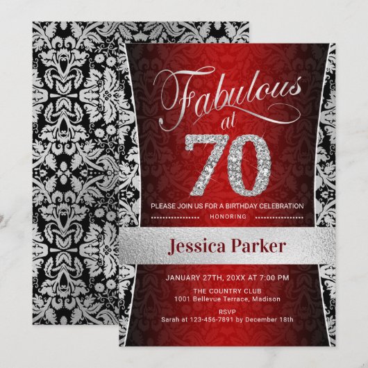 70ste verjaardagsfeestje - Zilver Rood Zwart Kaart (Voorkant / Achterkant)