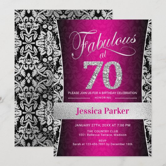 70ste verjaardagsfeestje - Zilver Roze Zwart Kaart (Voorkant / Achterkant)
