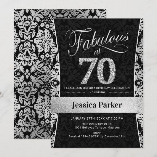 70ste verjaardagsfeestje - Zilver Zwart Kaart (Voorkant / Achterkant)