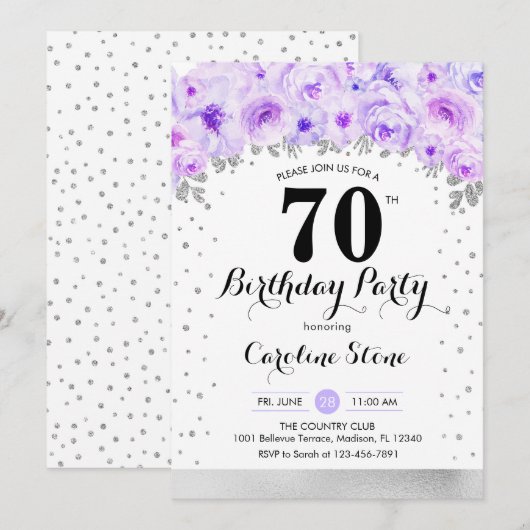 70ste verjaardagsfeestje - zilveren paarse bloemen kaart (Voorkant / Achterkant)