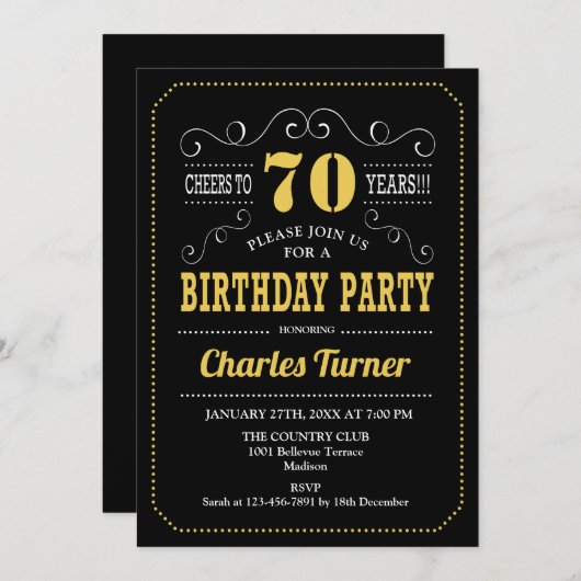 70ste verjaardagsfeestje - Zwart Goud Wit Kaart (Voorkant / Achterkant)
