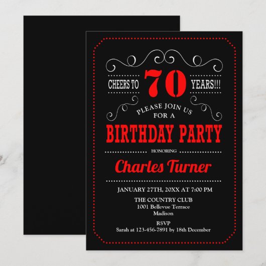 70ste verjaardagsfeestje - Zwart Rood Wit Kaart (Voorkant / Achterkant)
