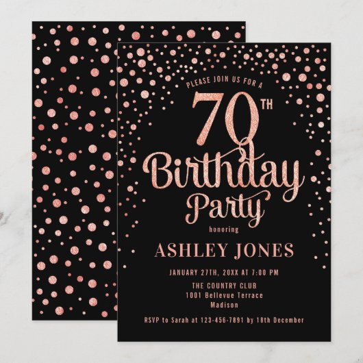 70ste verjaardagsfeestje - Zwart & Roos Goud Kaart (Voorkant / Achterkant)