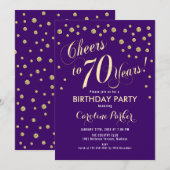 70ste verjaardagsfeestuitnodiging - Gold Paarse Kaart (Voorkant / Achterkant)
