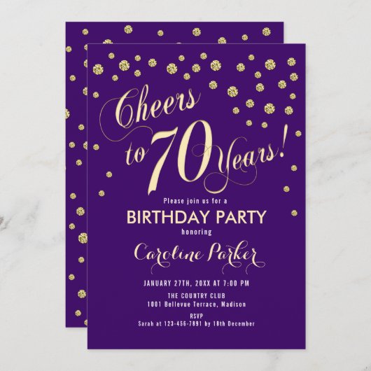 70ste verjaardagsfeestuitnodiging - Gold Paarse Kaart (Voorkant / Achterkant)