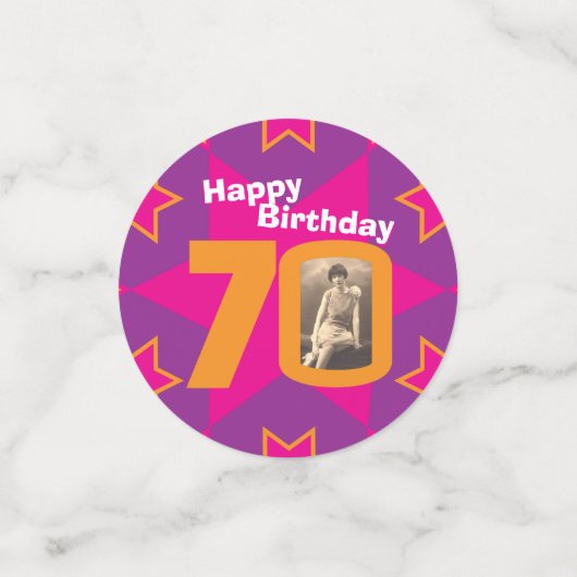 70ste verjaardagsster roze sinaasappel papier conf confetti (Kleine voorkant)