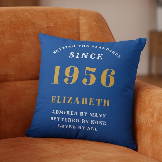 70th Birthday 1956 Add Name Blue Gold Personalized Kussen (1956 Throw pillow on an orange chair.)