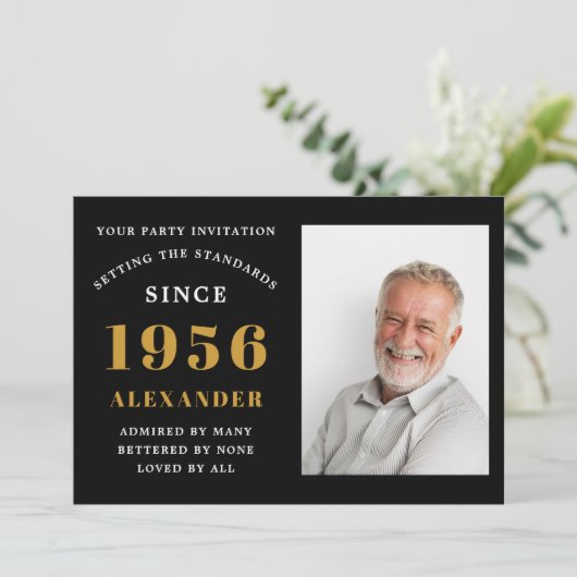 70th Birthday 1956 Black Gold Personalized Photo Kaart (Staand voorkant)