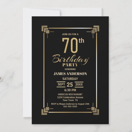 70th Birthday Black and Gold Party Invitation Kaart (Voorkant)