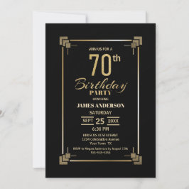 70th Birthday Black and Gold Party Invitation Kaart