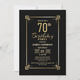 70th Birthday Black and Gold Party Invitation Kaart