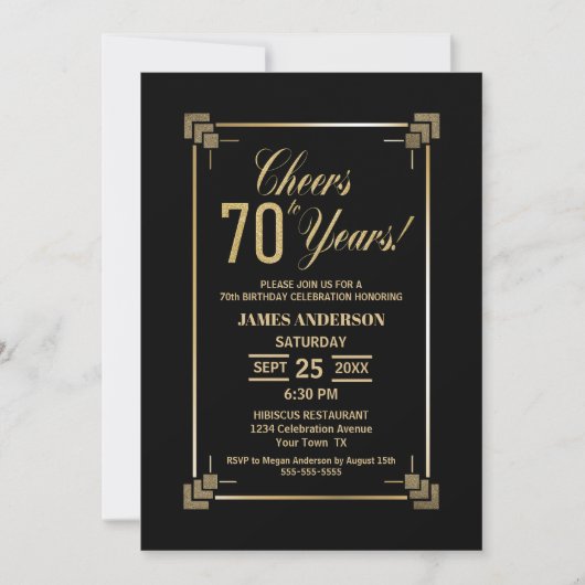 70th Birthday Black and Gold Party Invitation Kaart (Voorkant)
