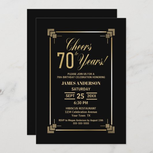 70th Birthday Black and Gold Party Invitation Kaart (Voorkant / Achterkant)