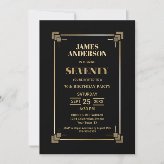 70th Birthday Black and Gold Party Invitation Kaart (Voorkant)