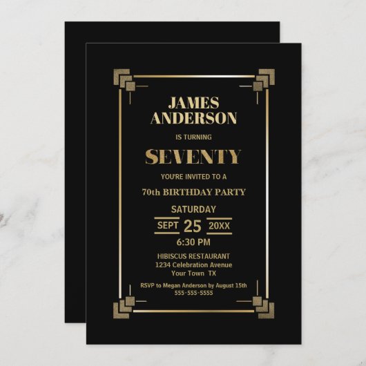 70th Birthday Black and Gold Party Invitation Kaart (Voorkant / Achterkant)