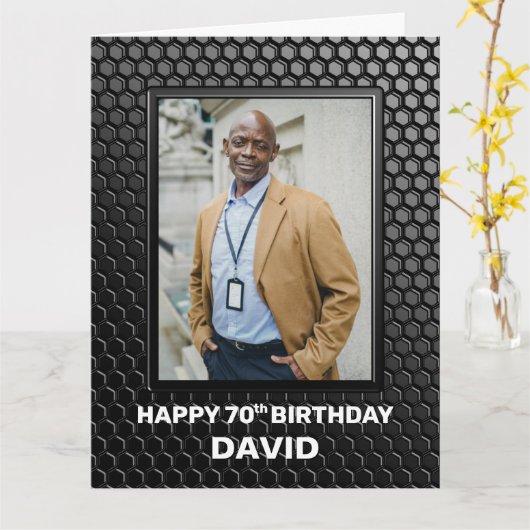 70th Birthday Black Geometric Pattern Aangepaste f Kaart (Gele Bloem)