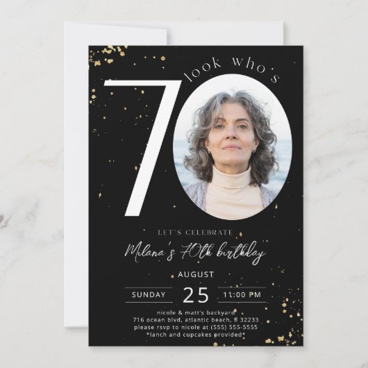 70th Birthday Black Gold Invitation Kaart Foto (Voorkant)