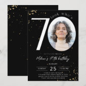 70th Birthday Black Gold Invitation Kaart Foto (Voorkant / Achterkant)
