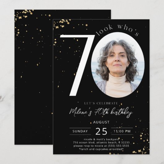 70th Birthday Black Gold Invitation Kaart Foto (Voorkant / Achterkant)
