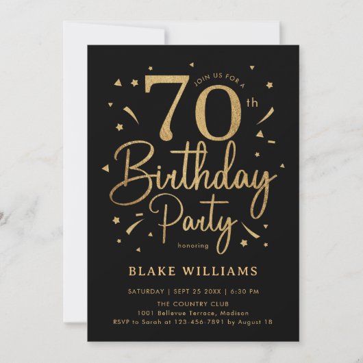70th Birthday Black Gold Kaart (Voorkant)