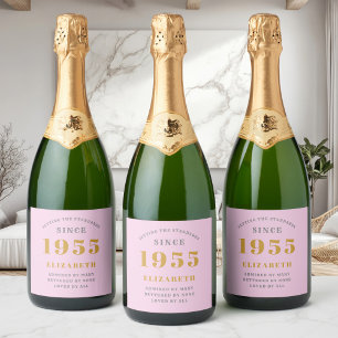 70th Birthday Born 1955 Voeg naam toe Pink Grey Sparkling Wijnetiket