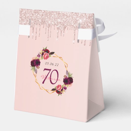 70th Birthday burgundy florals roos goudglitter Bedankdoosjes (Achterkant)