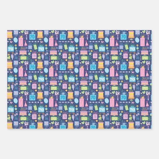 70th Birthday Cake Cadeaus Ballonnen Blauw Inpakpapier Vel (Voorkant 2)