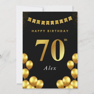 70th Birthday Card Black and Gold Balloons Kaart