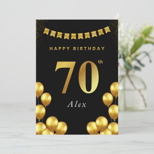 70th Birthday Card Black and Gold Balloons Kaart (Staand voorkant)