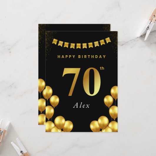 70th Birthday Card Black and Gold Balloons Kaart (Voorkant / Achterkant in situ)