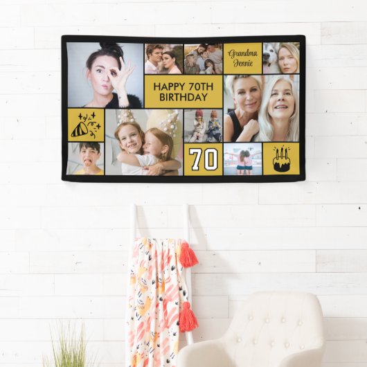 70th Birthday Custom Photo Collage Black Gold Spandoek (Insitu)