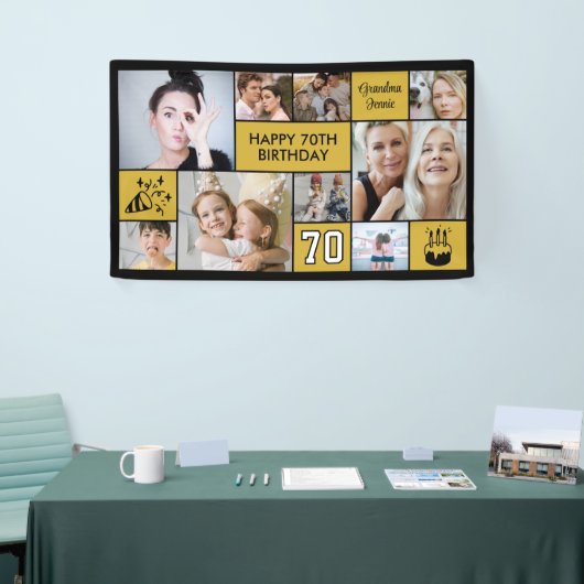70th Birthday Custom Photo Collage Black Gold Spandoek (Beurs)