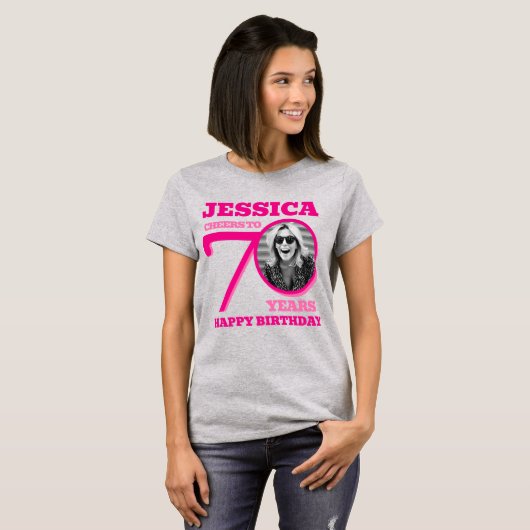 70th Birthday doubled sided photo name pink text T-shirt (Voorkant volledig)