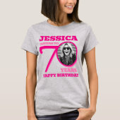 70th Birthday doubled sided photo name pink text T-shirt (Voorkant)
