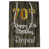 70th Birthday: Elegant Faux Gold Look #, Faux Wood Medium Cadeauzakje (Voorkant)