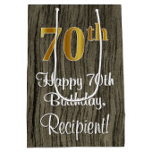 70th Birthday: Elegant Faux Gold Look #, Faux Wood Medium Cadeauzakje (Achterkant)