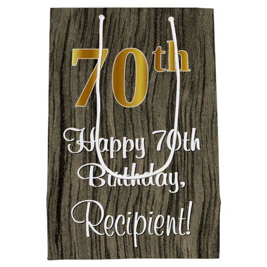 70th Birthday: Elegant Faux Gold Look #, Faux Wood Medium Cadeauzakje (Achterkant)