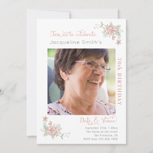 70th Birthday Floral Photo Invitation Kaart (Voorkant)