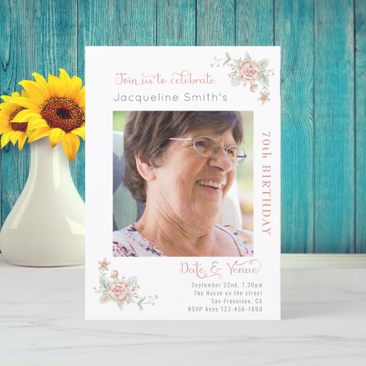 70th Birthday Floral Photo Invitation Kaart