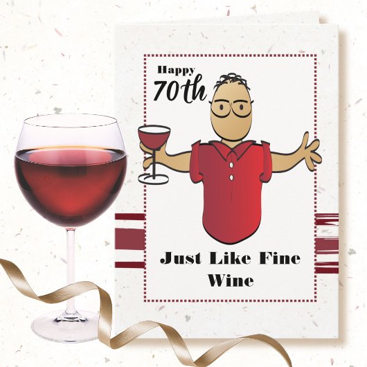 70th Birthday Funny Male Cartoon Wine Saying Kaart