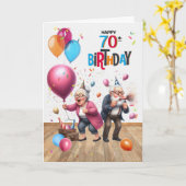 70th Birthday Funny Old Man and Woman Balloons Kaart (Gele Bloem)