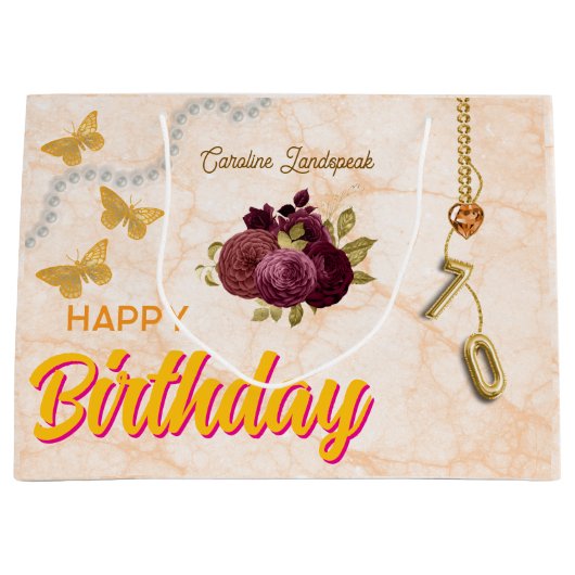 70th Birthday & Gold Foil Balloon, Burgundy Roses Groot Cadeauzakje (Voorkant)