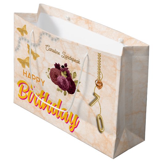 70th Birthday & Gold Foil Balloon, Burgundy Roses  Groot Cadeauzakje (Voorkant Gekanteld)