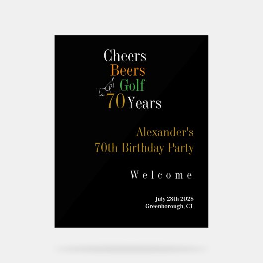 70th Birthday Golf Cheers Beers Welcome Acryl Bord (Voorkant)