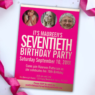 70th Birthday grafische roze gouden folie fotocirk Uitnodiging