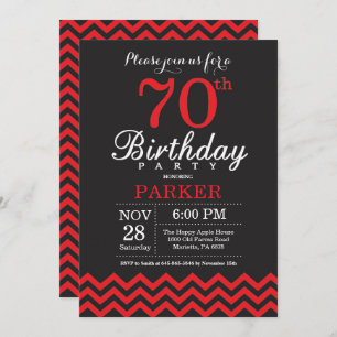 70th Birthday Invitation Black and Red Kaart