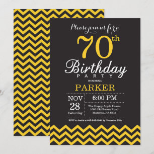 70th Birthday Invitation Black and Yellow Chevron Kaart