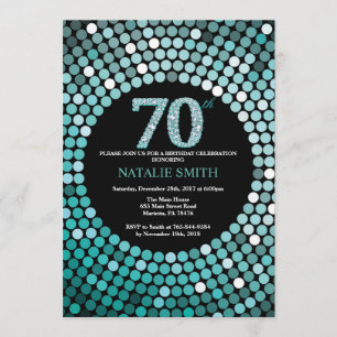 70th Birthday Invitation Black en Blauwgroen Glitt Kaart